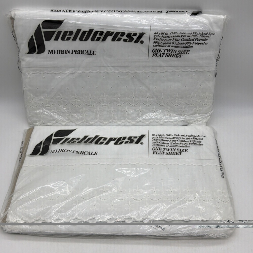 2- Fieldcrest no-iron percale white twin-size flat bed sheet eyelet trim lace